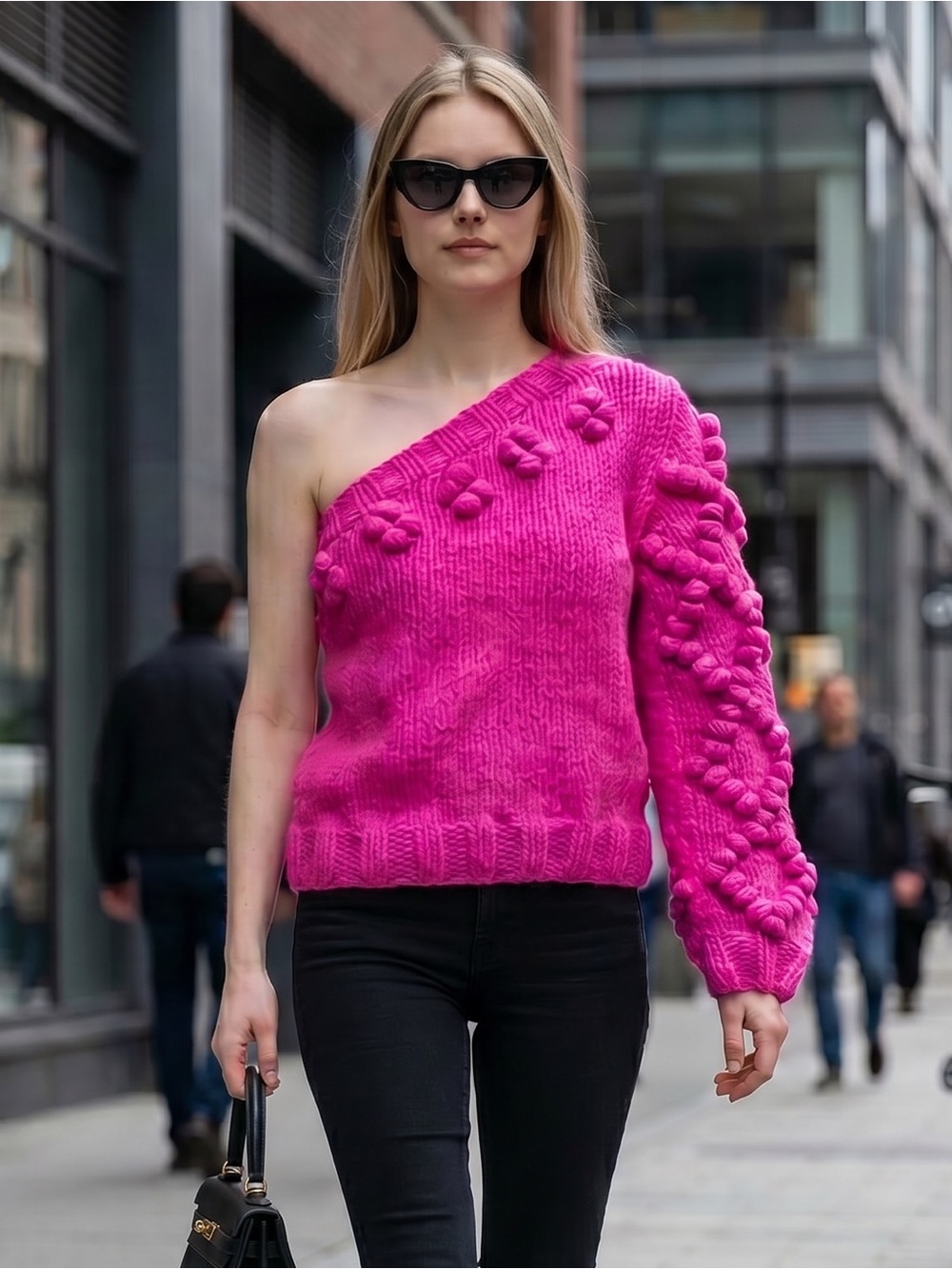 Vici Off-Shoulder Bubble Knit Sweater in Hot Pink XL